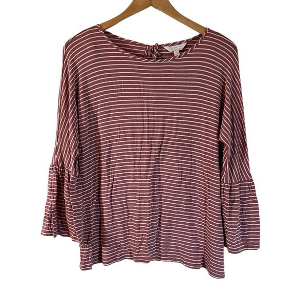 Lauren Conrad Striped Blouse Large Knit Pink White Long Bell Sleeves Keyhole Top - Picture 1 of 5